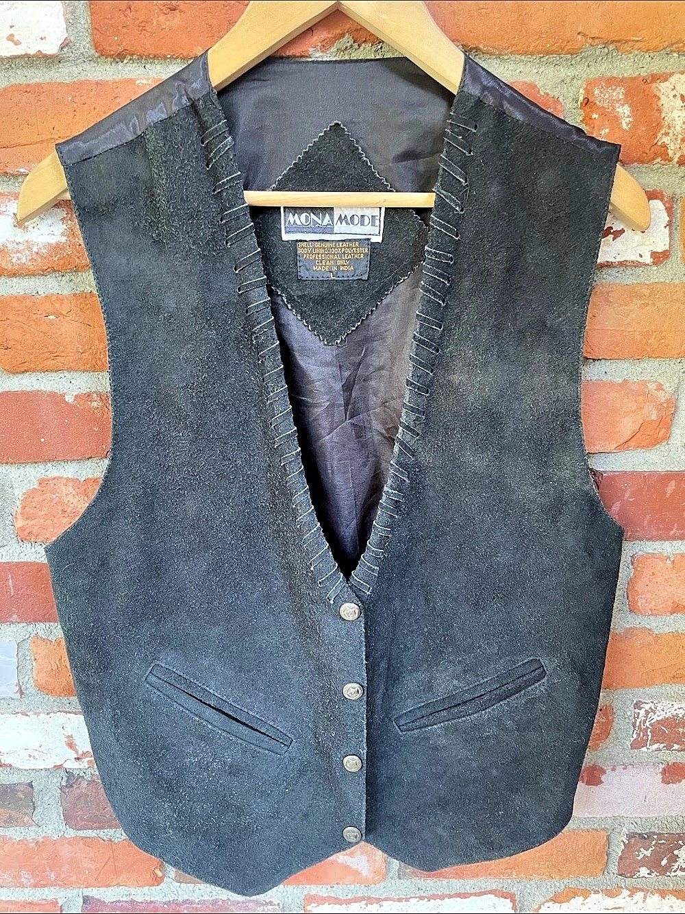 Vintage Mona Mode Vintage Black Suede Whipstitch Western biker Vest, Large